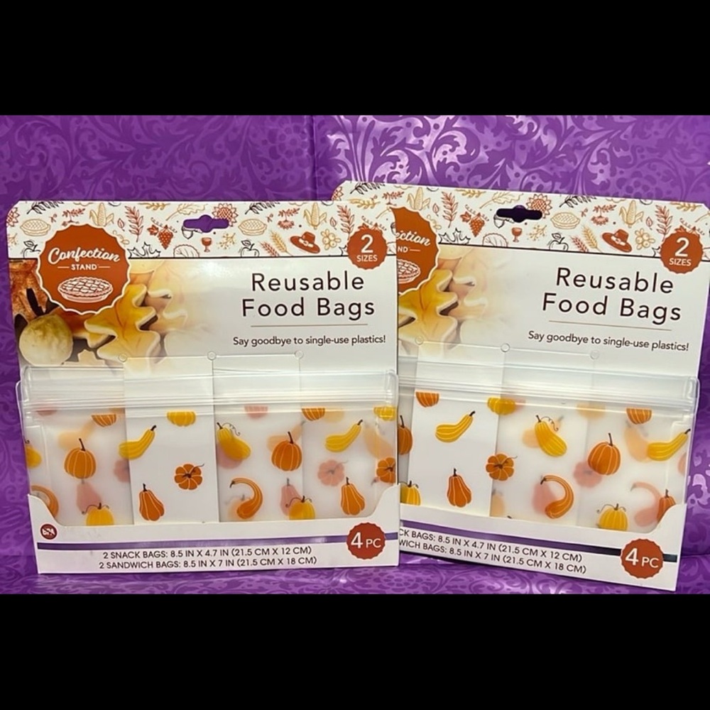 2 Pks - 8 PCs New Fall Holiday Gourds Pumpkins Reusable Snack Sandwich Food Bags